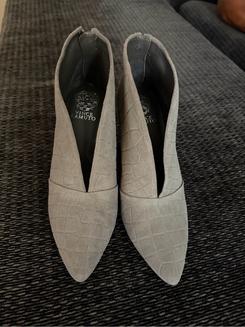 Vince Camuto Light Gray Croc-Embossed Pointed Toe Booties